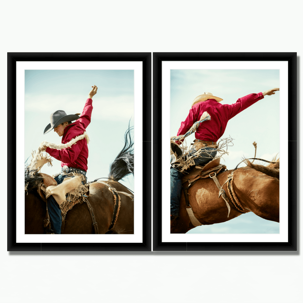 Diptych bucking cowboy photos by photographer Andy Anderson for home decor and collecting