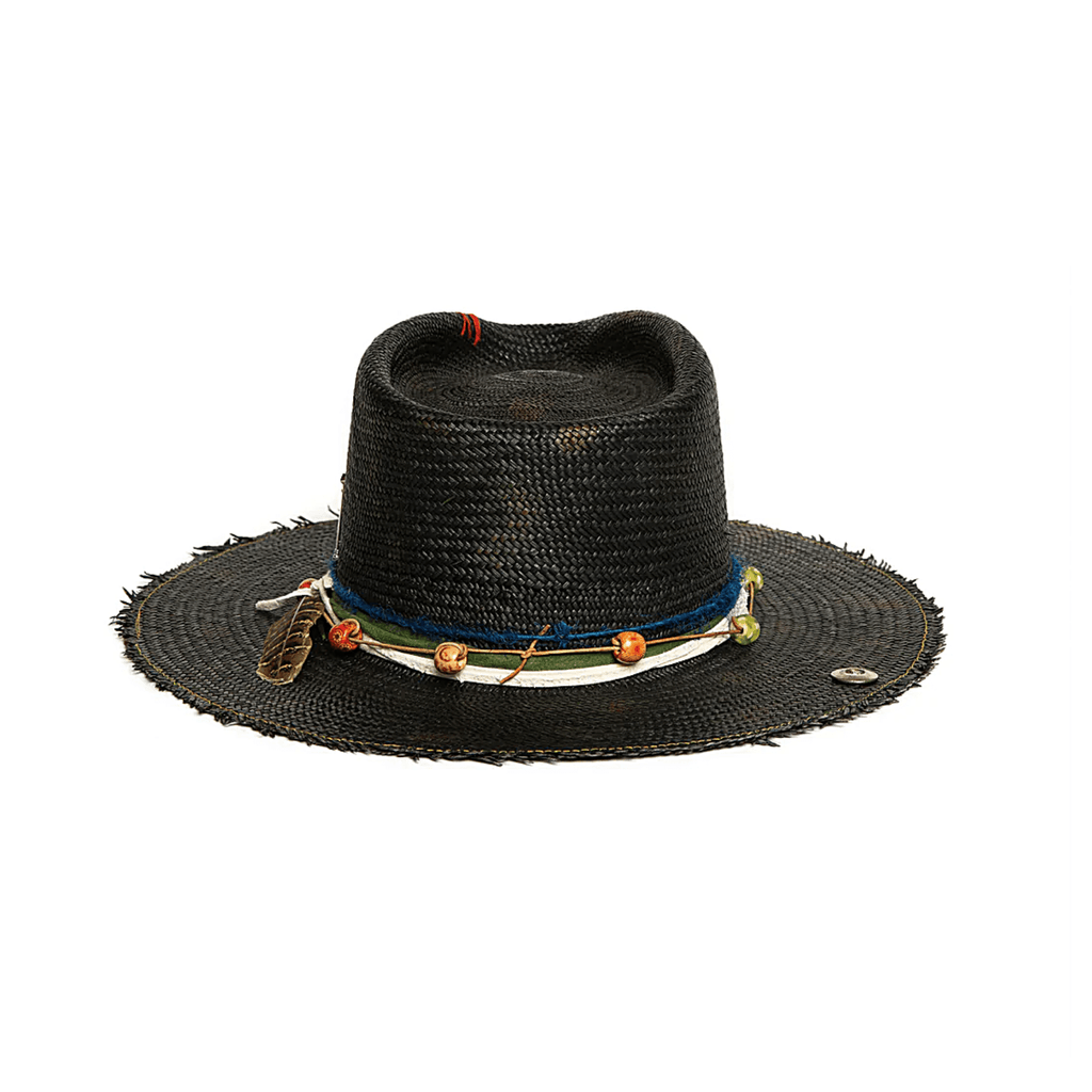 Hand-woven Black Panama Tear Drop Fedora Straw Cowboy hat by Meshika with leather, beads,Peacock Feather and a Sterling Lanza