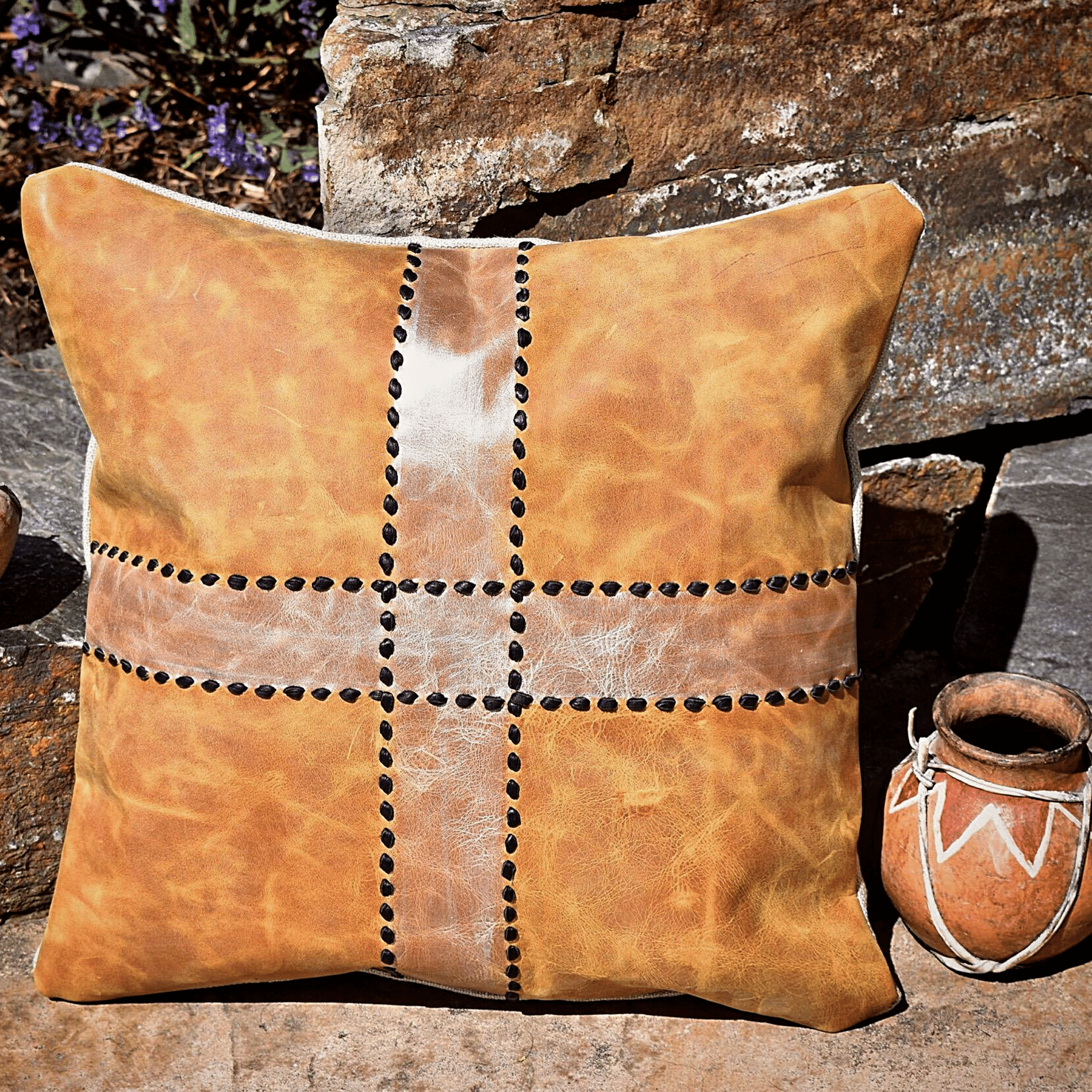 Brown Buck Stitch Leather And Iridescent Cross Pillow Western Pillow