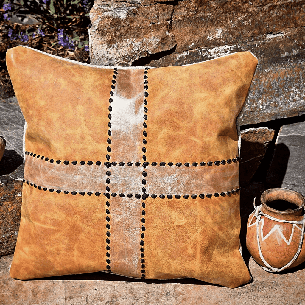 Brown Buck Stitch Leather And Iridescent Cross Pillow Western Pillow