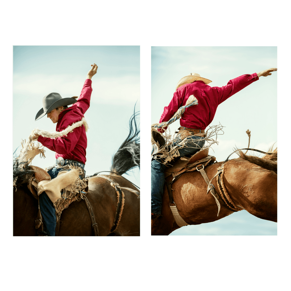 Diptych bucking cowboy photos by photographer Andy Anderson for home decor and collecting