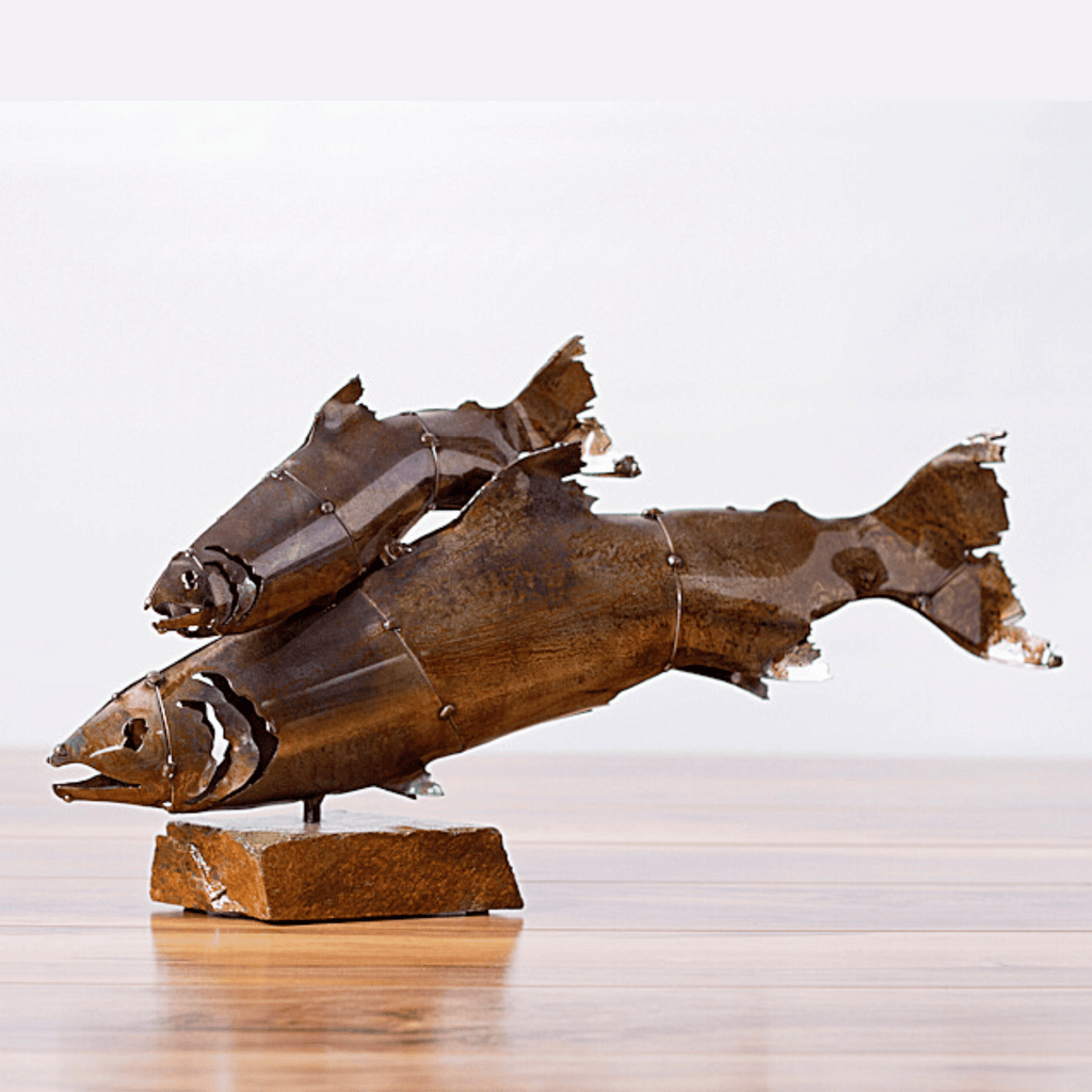 metal fish sculpture, fish sculpture on rock base, double trout swimming sculpture